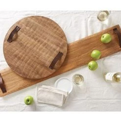 MUDPIE ROUND WOOD BOARD WITH LEATHER HANDLES SERVEWARE