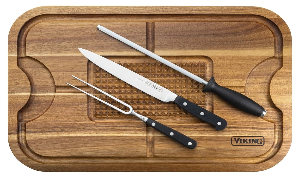 Clipper Corporation VIKING ACACIA CARVING BOARD WITH 3 PIECE CARVING SET 1 Clipper Corporation VIKING ACACIA CARVING BOARD WITH 3 PIECE CARVING SET