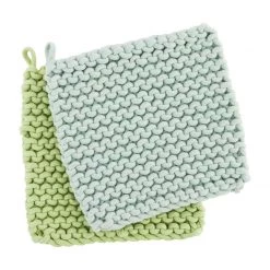 MUDPIE GREEN/BLUE PASTEL CROCHET POT HOLDER SET LINENS