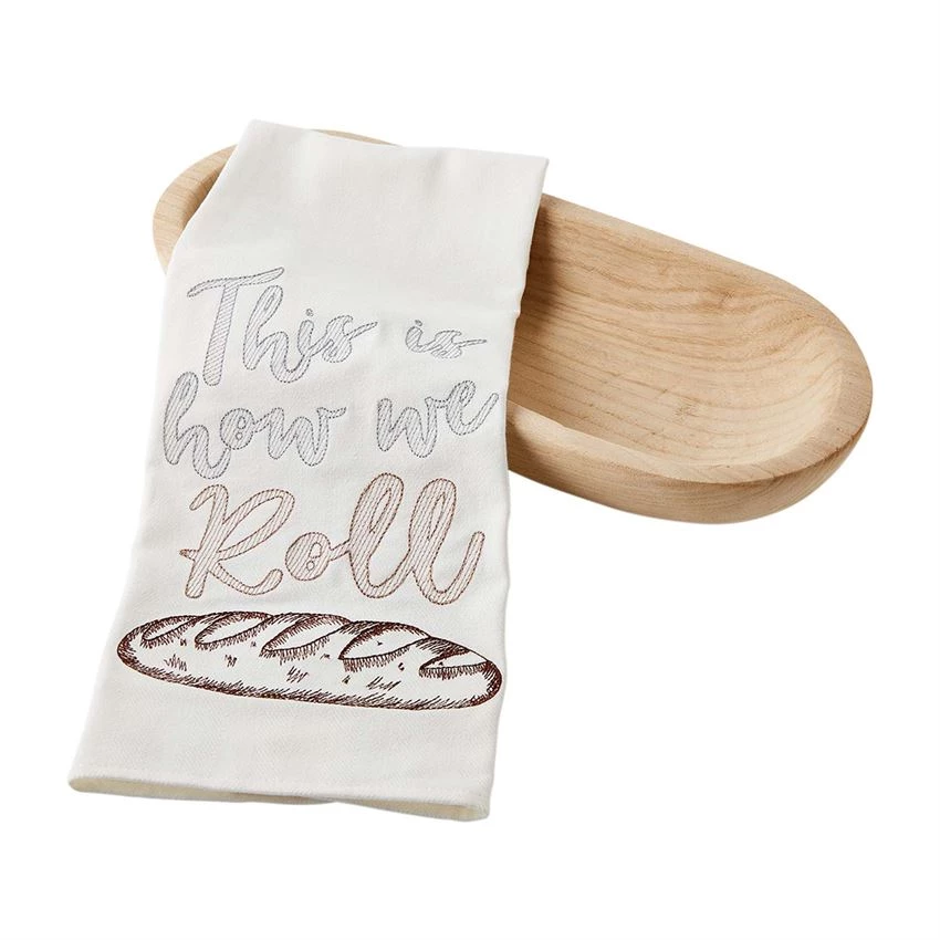 MUDPIE PAULOWNIA BREAD BOWL AND "HOW WE ROLL" TOWEL 1 MUDPIE PAULOWNIA BREAD BOWL AND "HOW WE ROLL" TOWEL