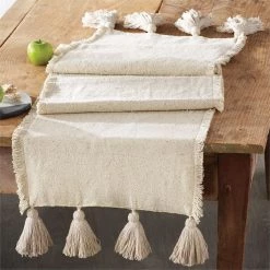 MUDPIE OFF WHITE PONCHAA TABLE RUNNER LINENS