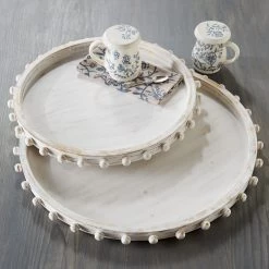 MUDPIE BEADED WOOD WHITE-WASHED SERVING TRAY, LARGE SERVEWARE