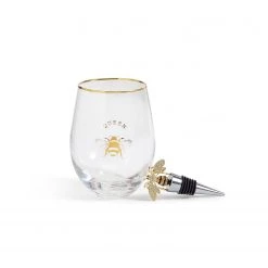 Two's Co/Cupcakes & Cartwheels BAR & BEVERAGE BEE STEMLESS WINE GLASS & WINE STOPPER