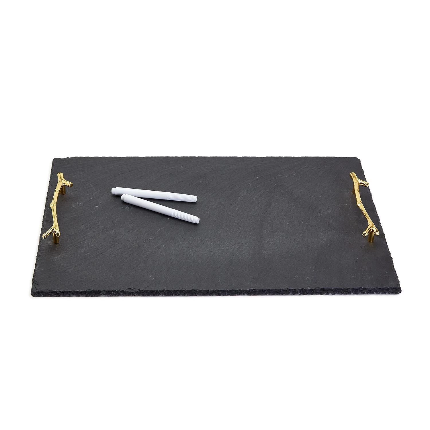 Two's Co/Cupcakes & Cartwheels SERVEWARE SLATE TRAY W/ GOLD TWIG HANDLES AND TWO CHALK PENS 1 Two's Co/Cupcakes & Cartwheels SERVEWARE SLATE TRAY W/ GOLD TWIG HANDLES AND TWO CHALK PENS
