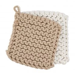 MUDPIE LINENS WHITE AND TAUPE CROCHET POT HOLDER SET