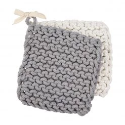 MUDPIE WHITE AND GRAY CROCHET POT HOLDER SET