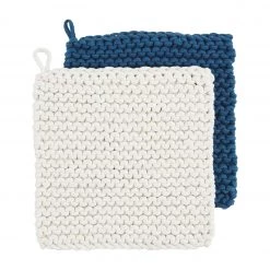 MUDPIE WHITE AND BLUE CROCHET POT HOLDER SET